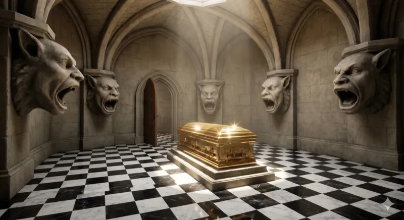 A golden sarcophagus on a chequered floor, with gargoyle heads on the walls.