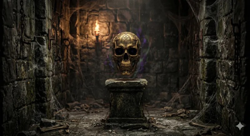 A golden skull on a stone pedestal.