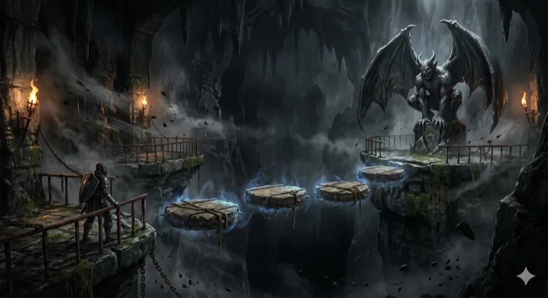 A gargoyle watching over stepping stones across a chasm.