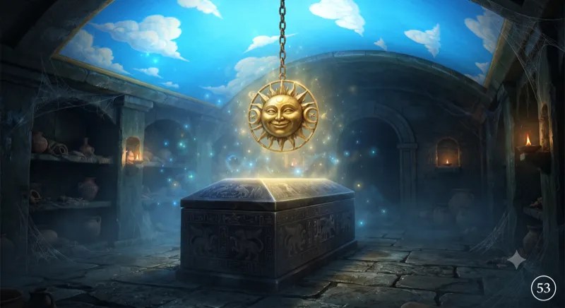 A golden sun hanging on a chain over a sarcophagus, under a painted sky.
