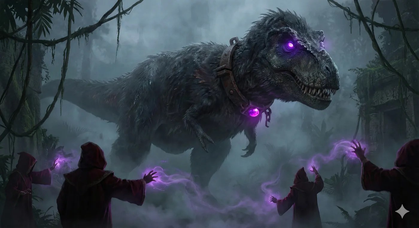 A feathered tyrannosaurus in a collar with a glowing purple gem, surrounded by red-robed wizards casting spells.