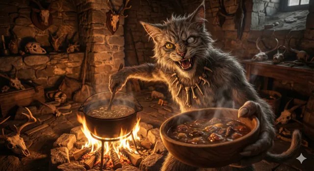 A wild-eyed tabaxi cooking over a fire.