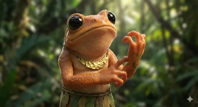 A golden frog wearing a gold chain.