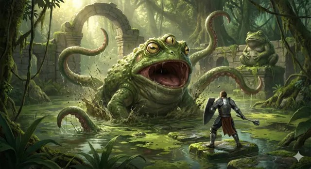 A froghemoth rising out of a swamp at a knight.