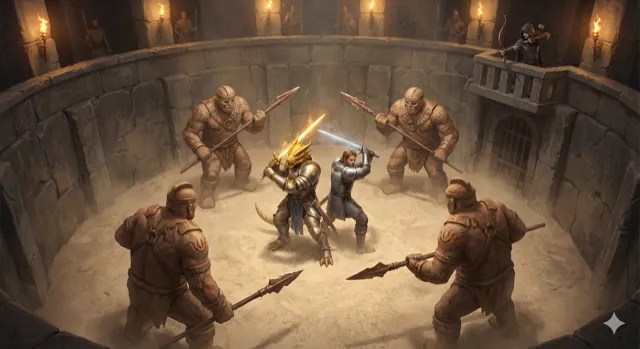 Two adventurers fighting statues in a sand pit.