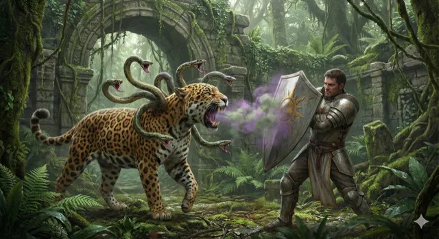 A leopard with snakes for a mane, breathing purple gas at a knight.