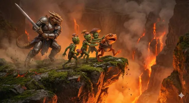 Vegepygmies and a grung on a cliff above lava, with a dragonborn charging in.