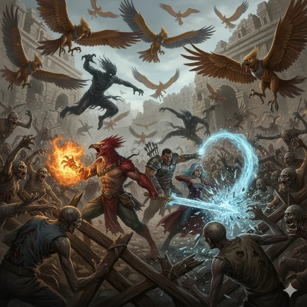 Aarakocra and adventurers fighting undead on the monastery steps.