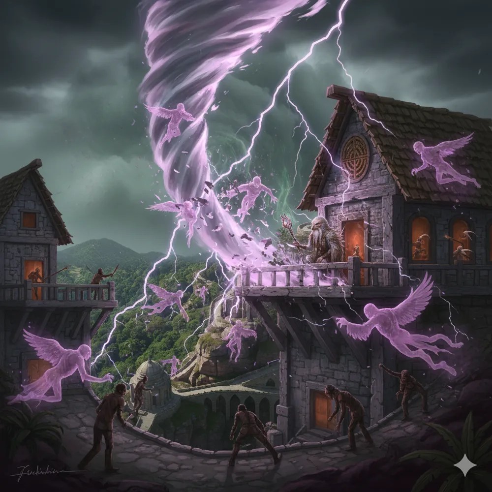 Wraiths and purple lightning swirling through the monastery buildings.