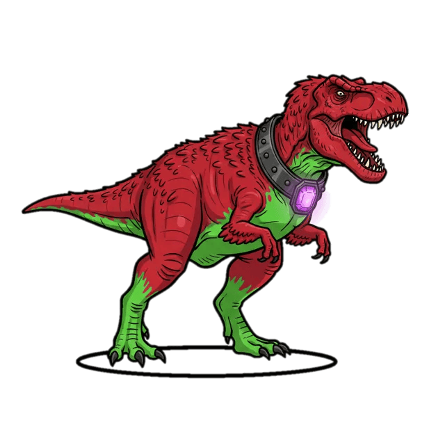 Standee art of a red tyrannosaurus in a collar.