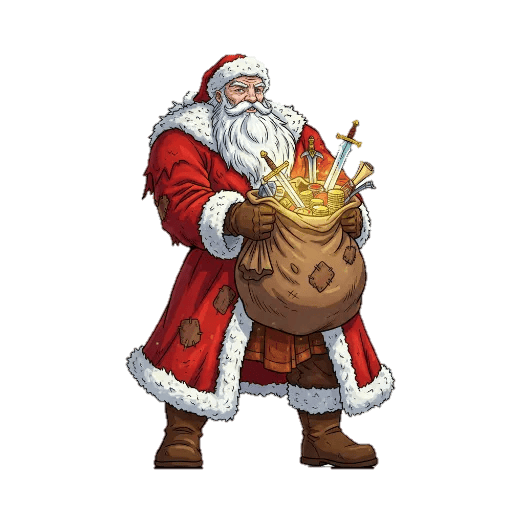 Standee art of Grandfather Winter with a sack of presents.
