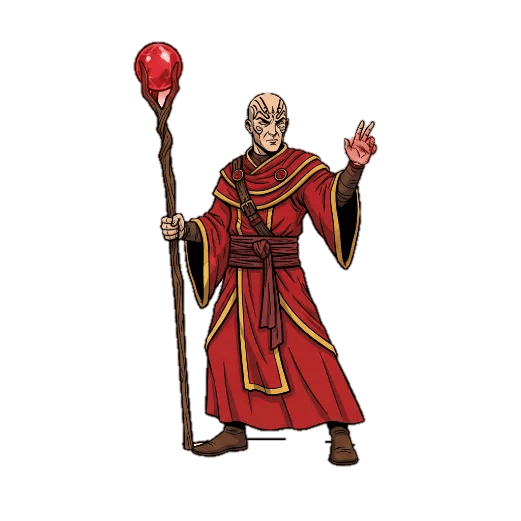 Standee art of a Red Wizard with a staff.