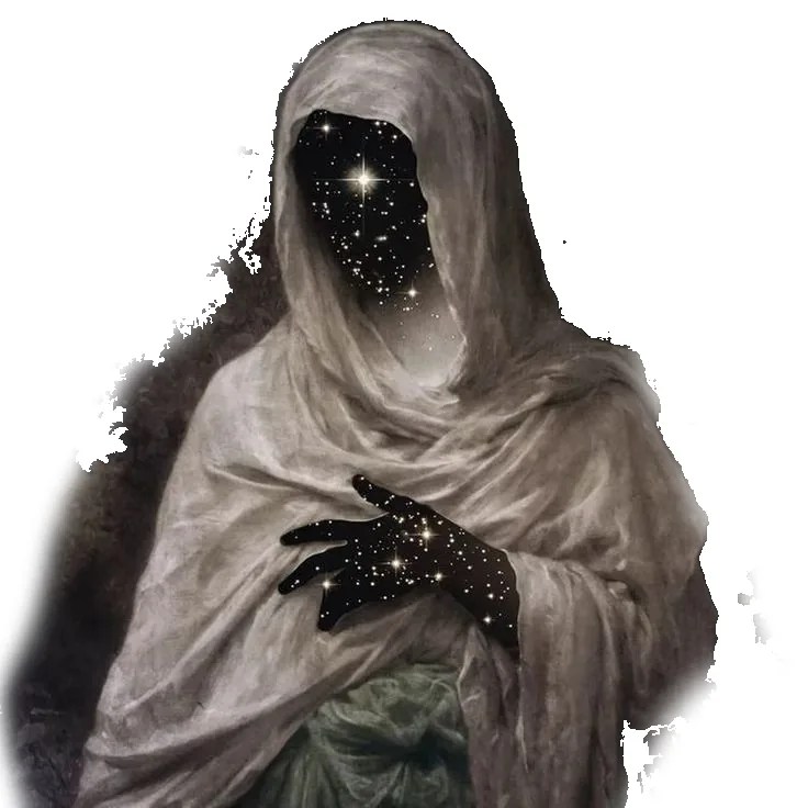 A veiled figure in grey robes whose face and hand are a field of stars.