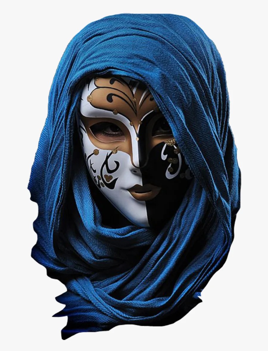 A woman in a deep blue hood and a half white, half black carnival mask decorated with gold.