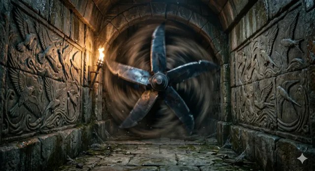 Huge spinning blades in a carved corridor.
