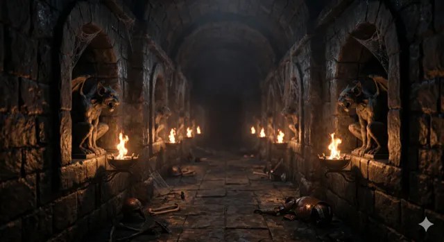A torchlit corridor with demon statues in alcoves.
