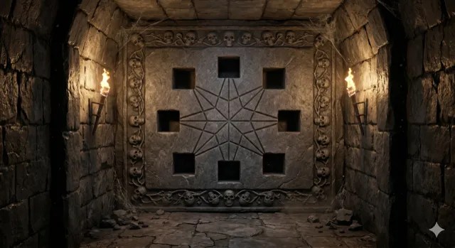 A stone door with a star pattern and square holes.