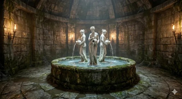 A fountain of three stone figures in a domed room.