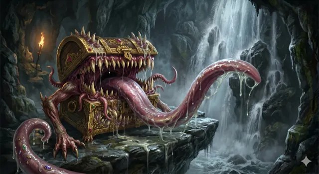 A treasure chest with teeth and a long tongue by a waterfall.