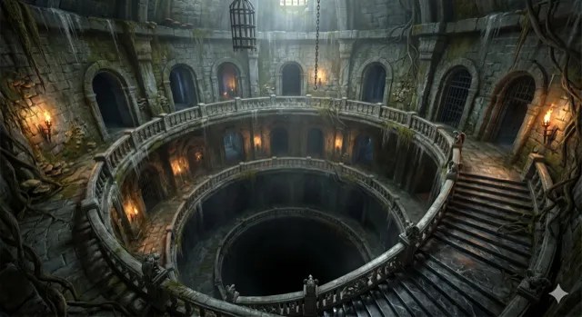 A round shaft with a spiral stair and barred doors.