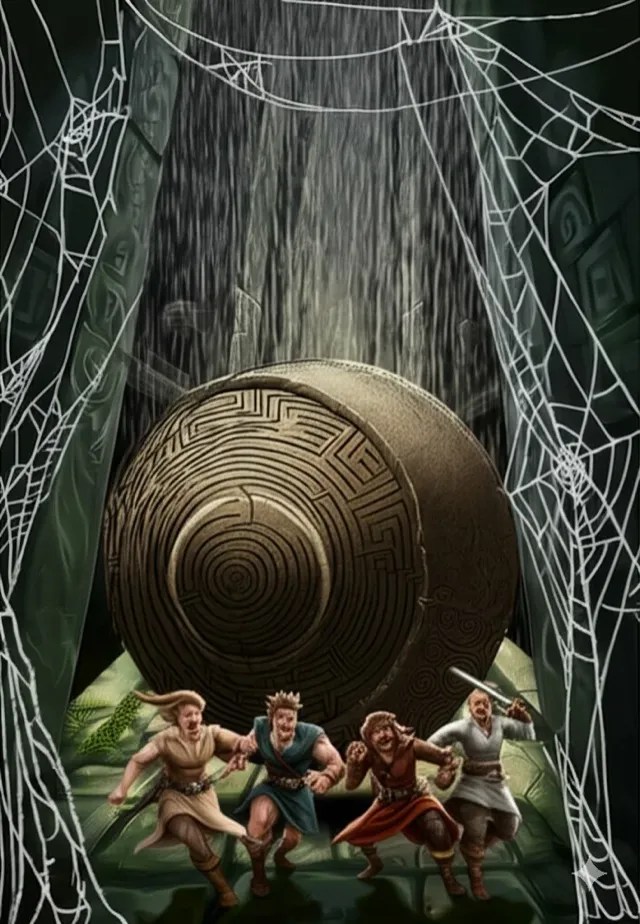 Adventurers running from a huge carved boulder.