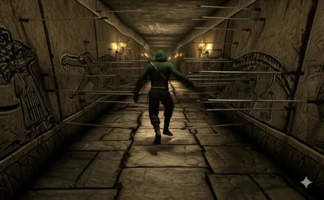 A carved stone corridor with a figure running through it.