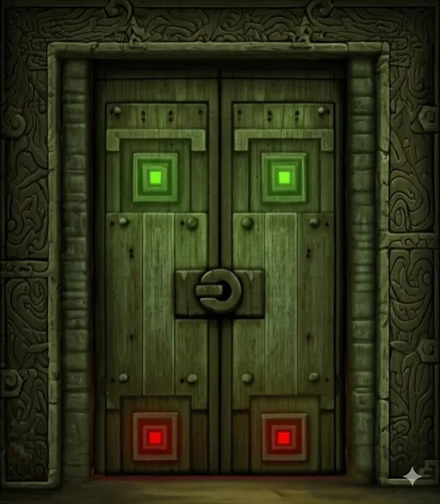 A carved stone door with four glowing squares.