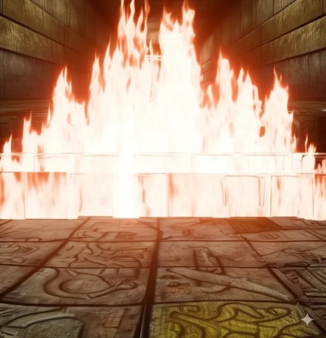 A wall of fire rising from a carved tile floor.