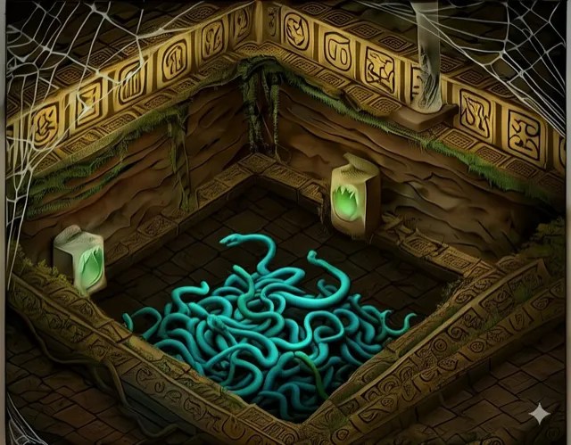 A pit full of snakes beneath an open trapdoor.