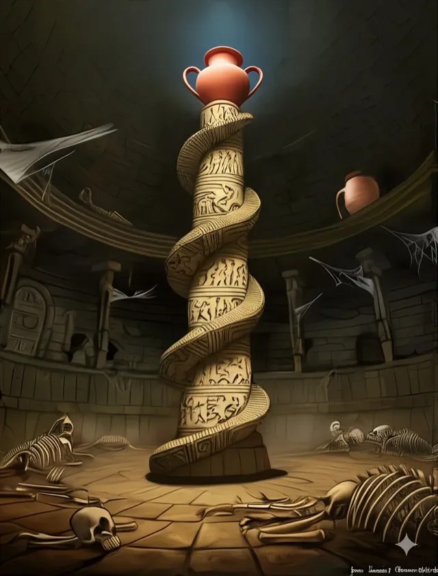 A tall pillar with a stair winding round it and a jug on top.