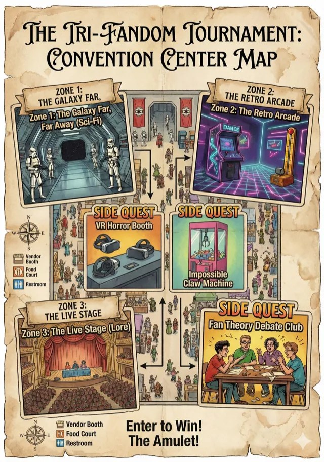 A poster map of the convention centre for the Tri-Fandom Tournament.