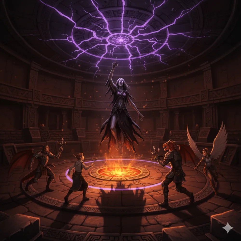 Art of a lich rising over a glowing teleportation circle as lightning crackles across the ceiling, with the party around her.