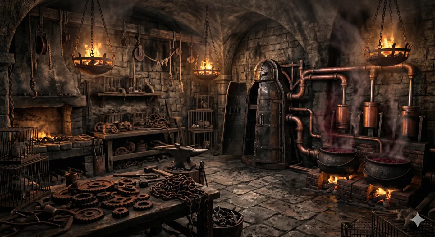 A cluttered underground workshop full of copper stills, pipes and gears.