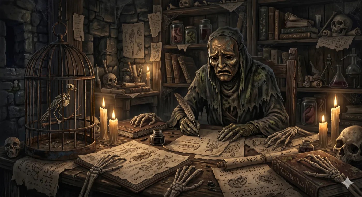 A withered undead scholar writing at a desk covered in papers, skulls and candles.