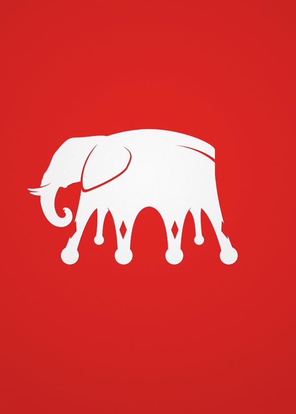 On a vivid red background, the poster displays a compelling visual transformation: an upside-down white crown silhouette seamlessly morphs into the silhouette of an elephant. This stark depiction powerfully evokes the historical reality of monarchs hunting elephants in Africa.