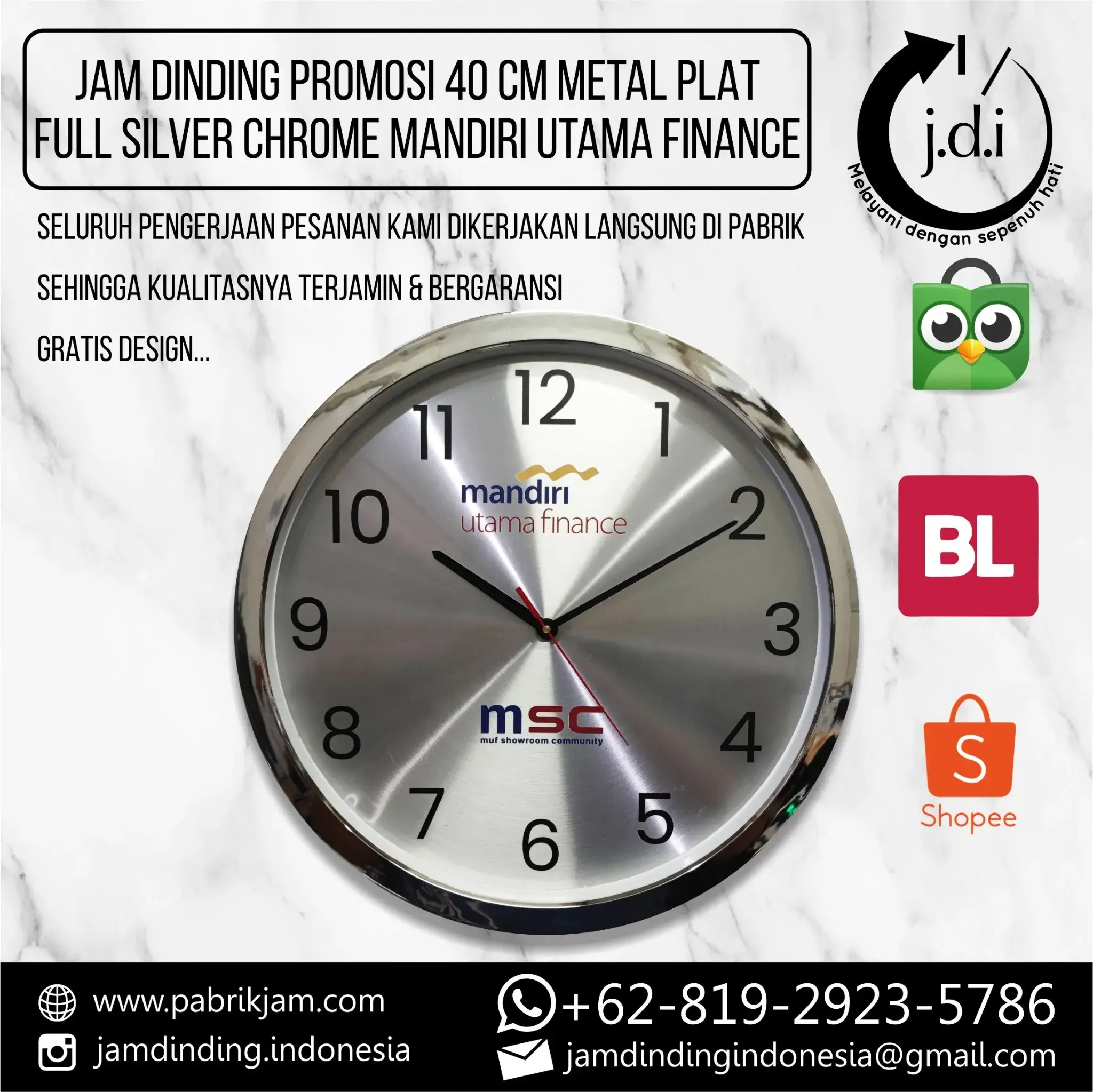 Jam dinding 40 cm Mandiri Utama Finance dengan finishing full chrome.