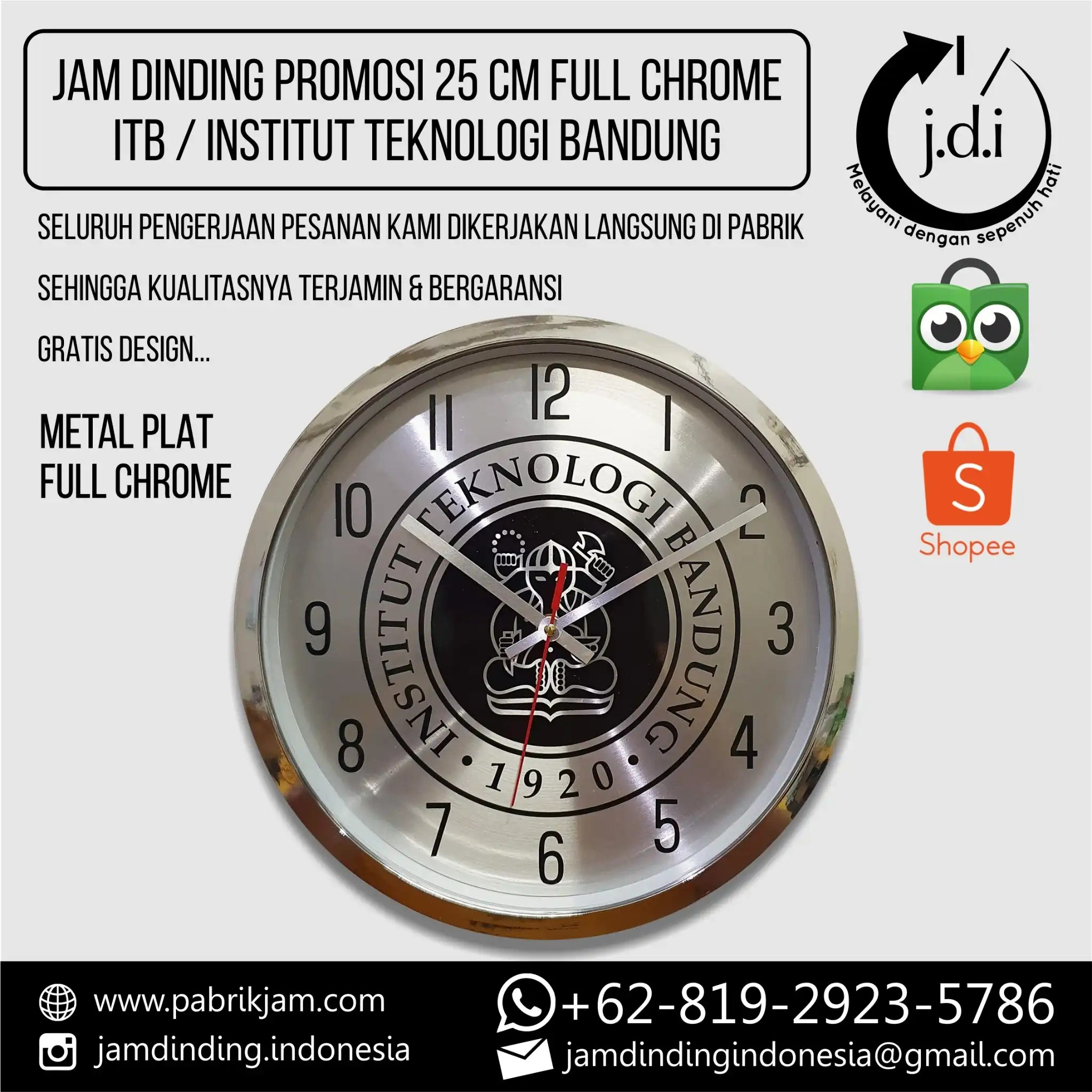 Jam dinding custom logo ITB full chrome 25cm eksklusif dengan desain elegan dan berkualitas, tersedia untuk branding di https://pabrikjam.com.