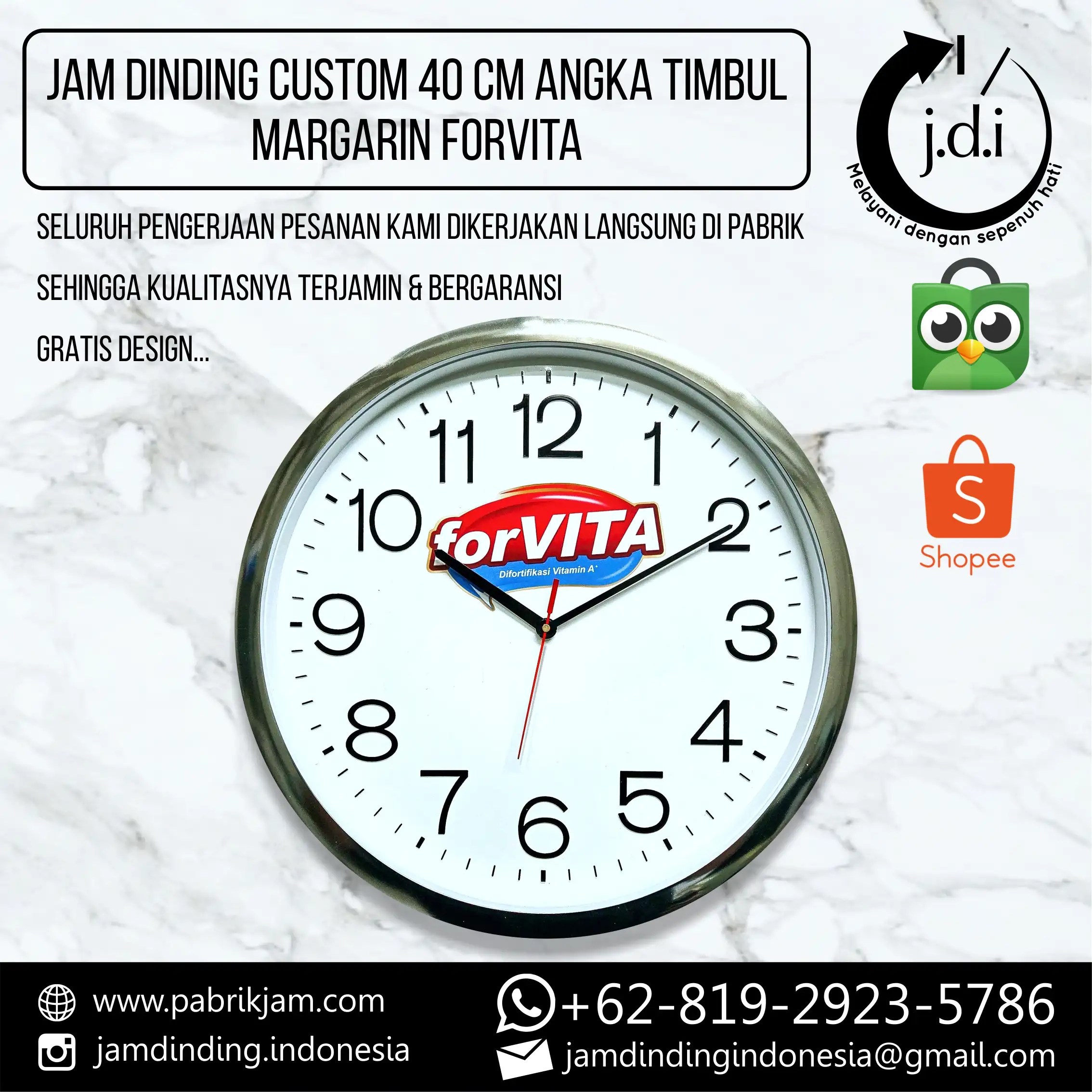 Jam Forvita custom 40cm angka timbul top chrome souvenir promosi perusahaan Bina Karya Prima - lihat opsi di https://pabrikjam.com