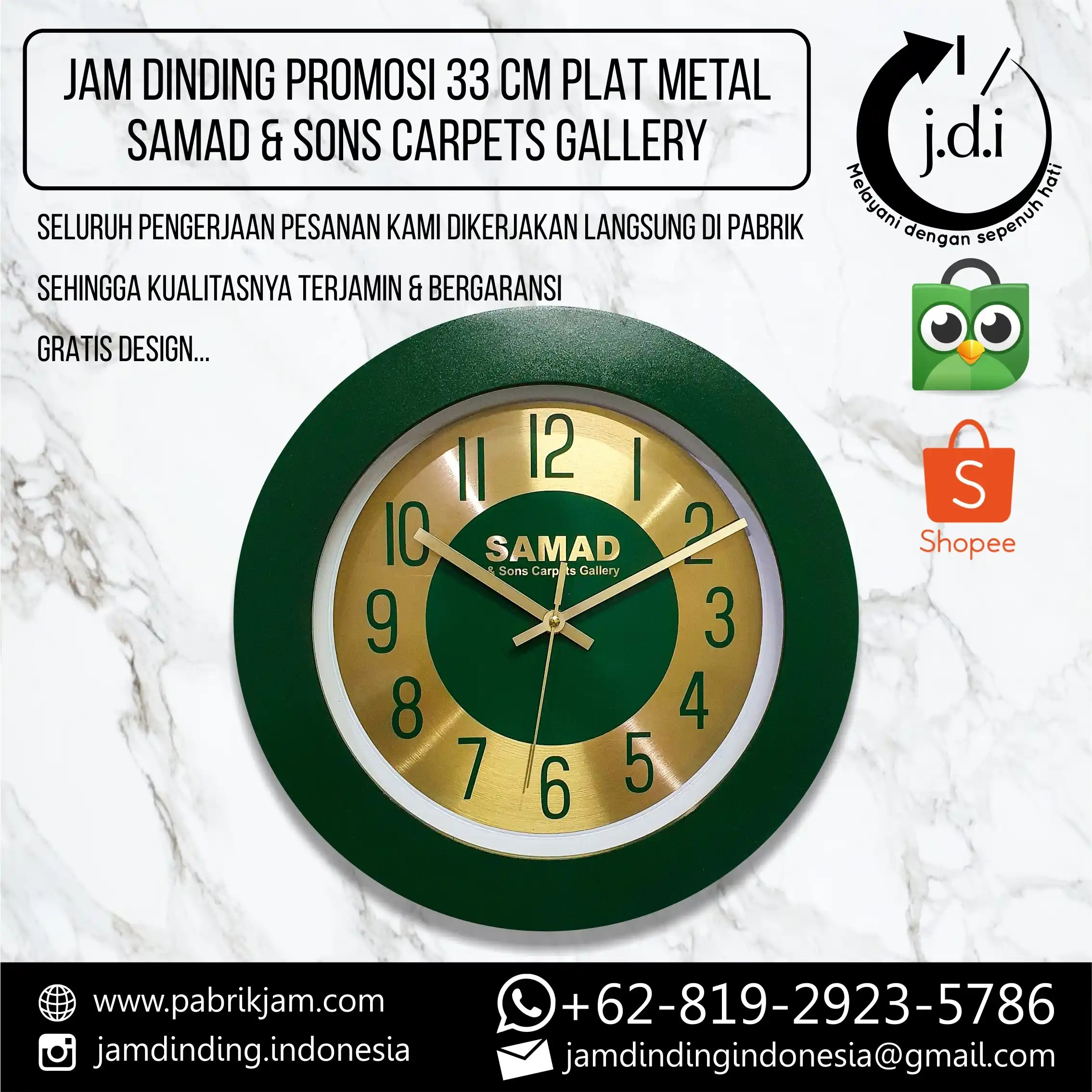 Jam Samad 33cm custom logo metal gold dial untuk branding Samad Carpets Gallery, info di https://pabrikjam.com