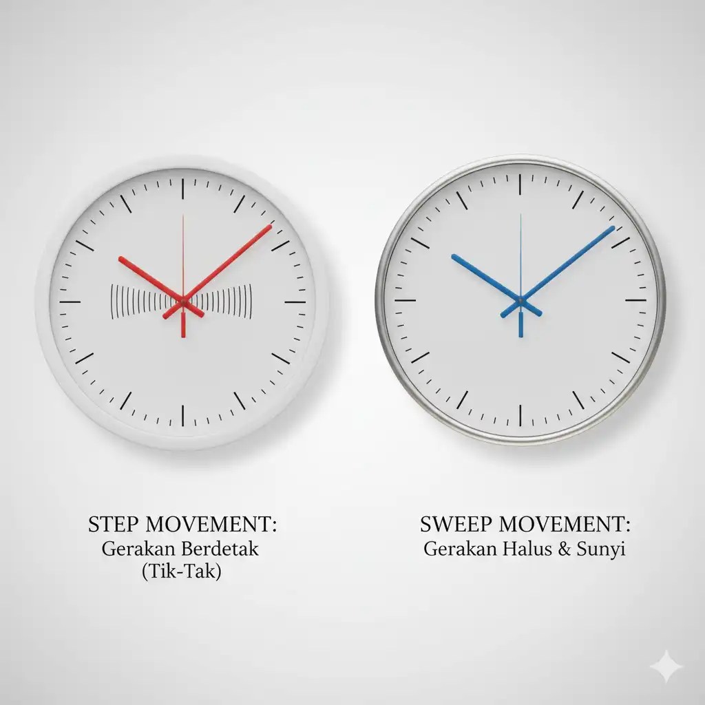 Perbandingan visual mesin jam sweep vs step untuk jam custom dengan gerakan jarum berbeda.