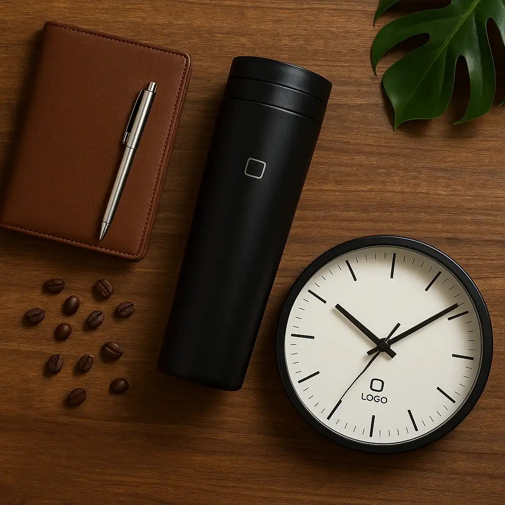 Contoh-contoh souvenir kantor berkualitas seperti jam dinding custom, tumbler, dan agenda elegan.