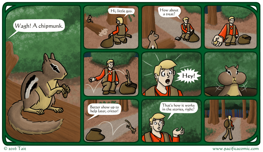 Gavin sees a chipmunk and offers it some food.