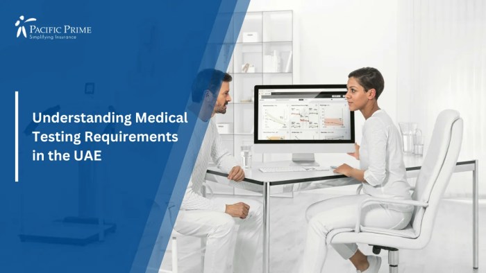 Image of Man Seated At Clinic Desk Working On Computer with text overlay of "Understanding Medical Testing Requirements in the UAE"