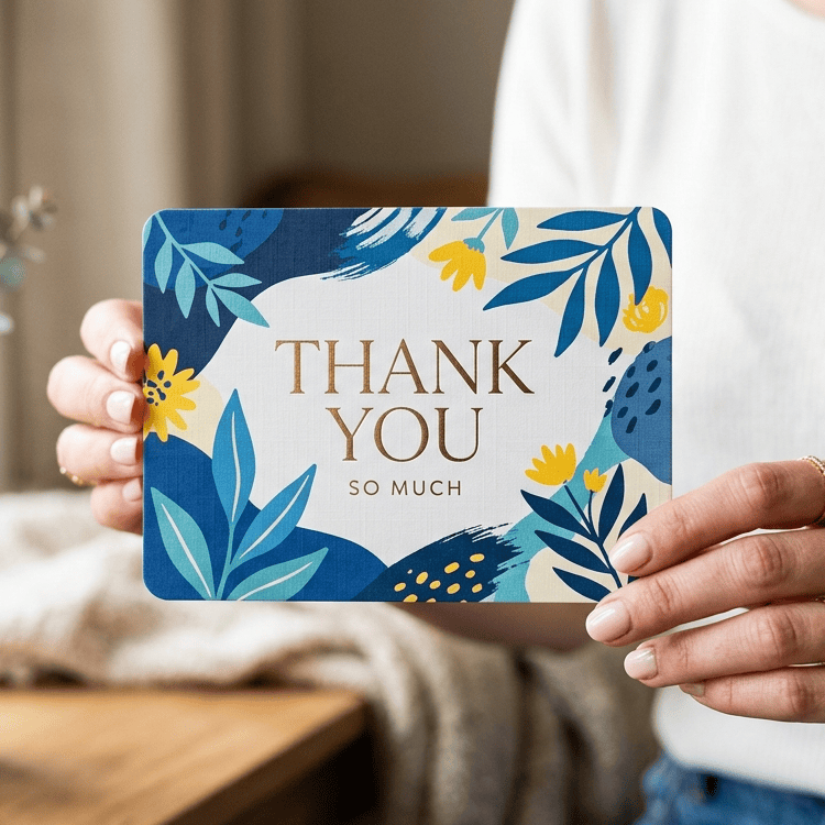 cartolina di ringraziamento personalizzata con design e su misura