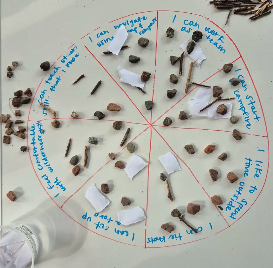 a wheel showing wilderness skills ranked by rock, twig and paper.