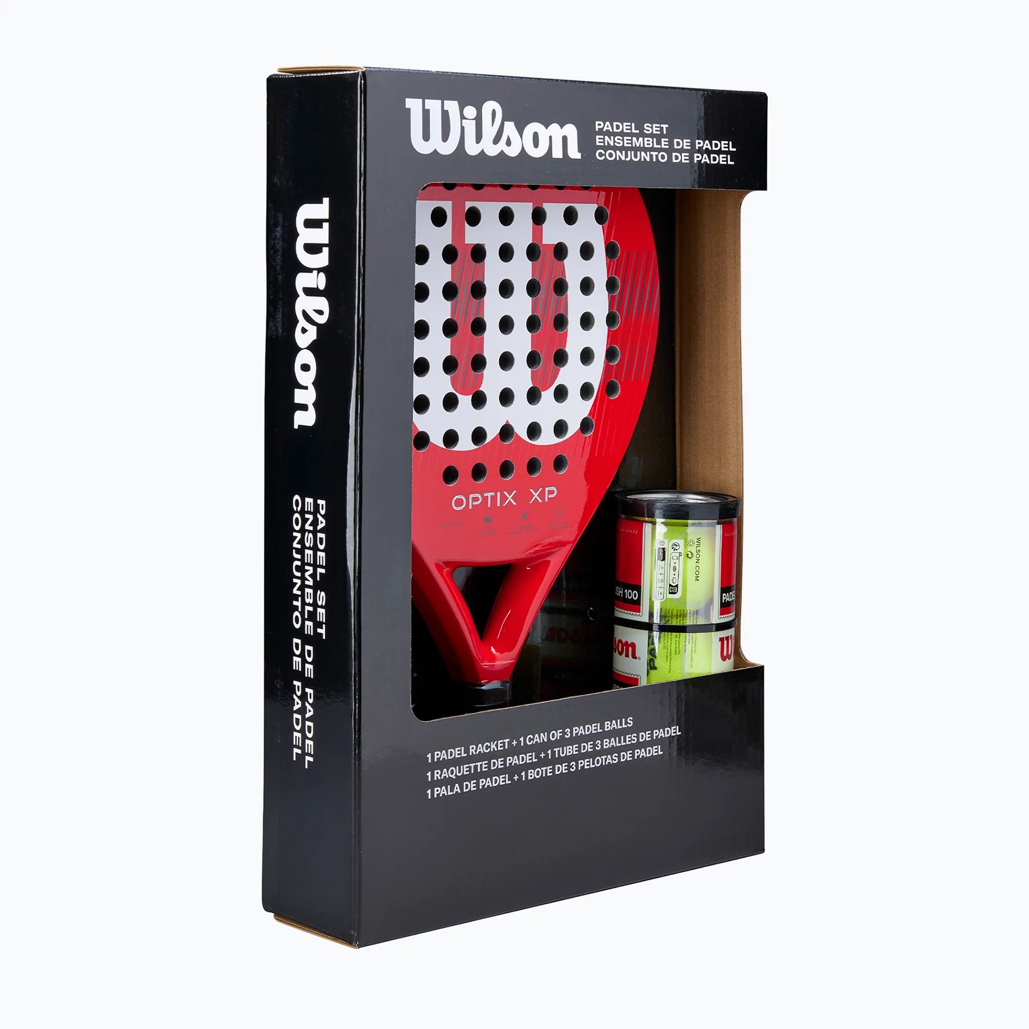 Wilson padel set box with Optix XP racket and a tube of 3 balls, angled view