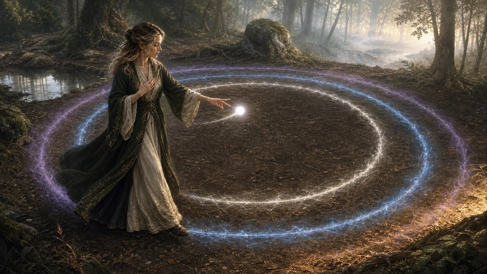 Brown-haired woman guiding a ball of light through three circles during a tool-free Wiccan visualization practice