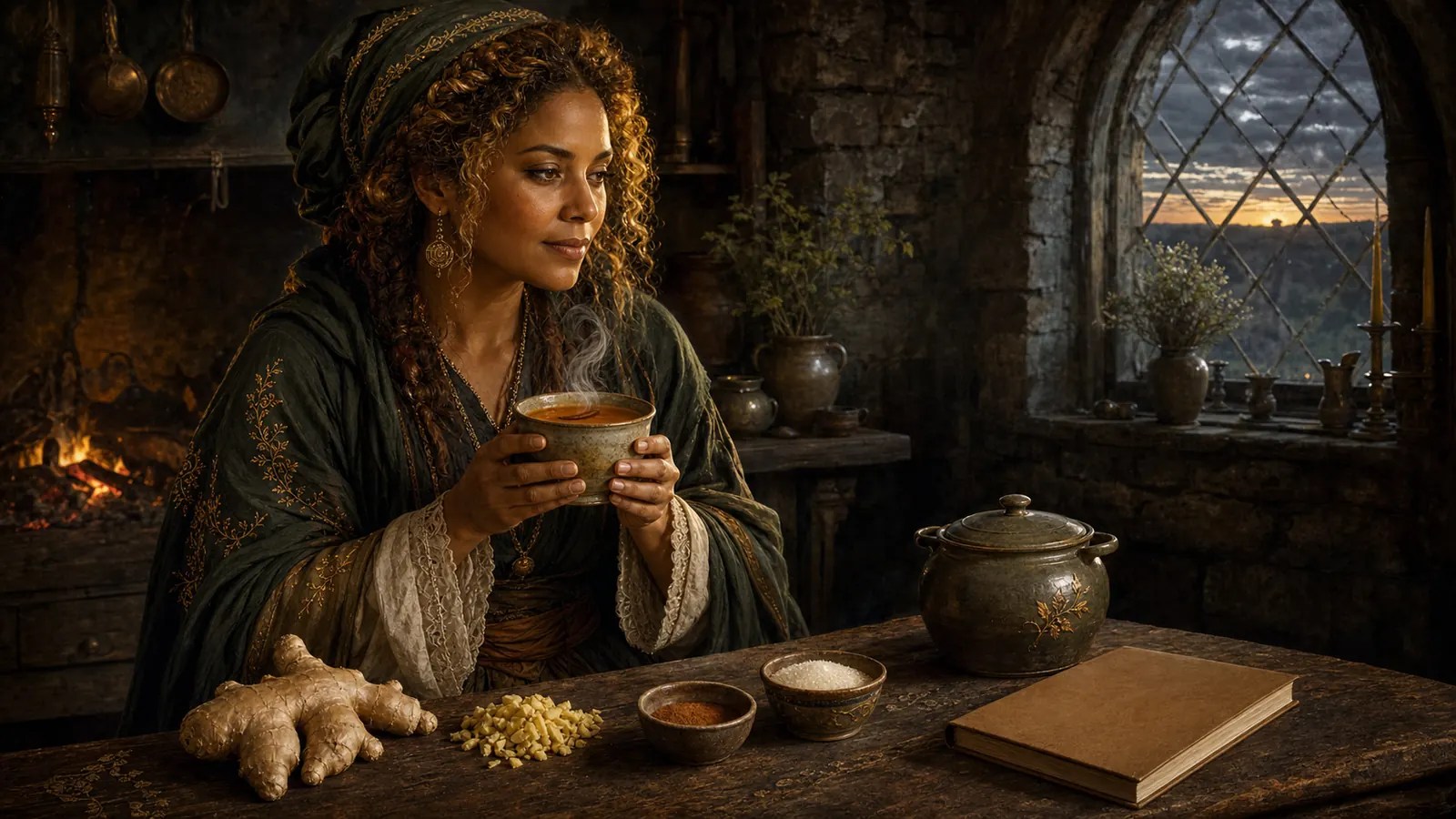 Golden-curled woman holding ginger and cinnamon prosperity tea beside a dawn kitchen hearth
