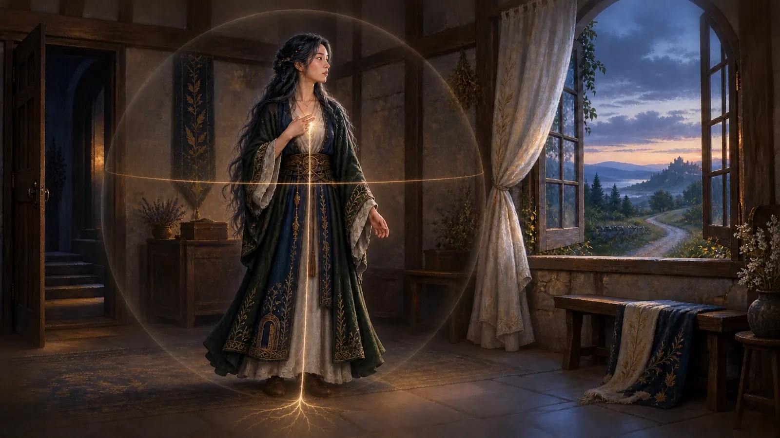Dark-haired woman touching two fingers to her heart inside a transparent warm protective ring at dusk