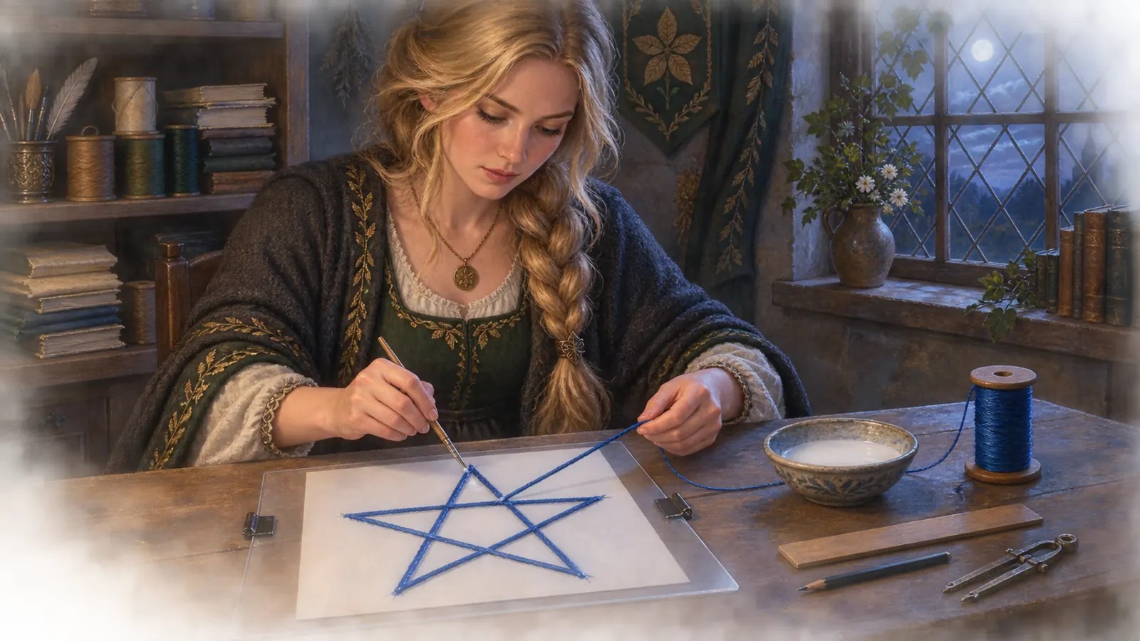 Honey-blonde woman witch laying blue thread over a five-pointed pentagram pattern on a transparent craft sheet